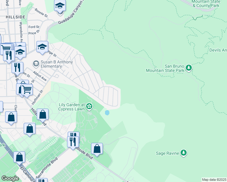 map of restaurants, bars, coffee shops, grocery stores, and more near 94 Shelter Lane in Daly City