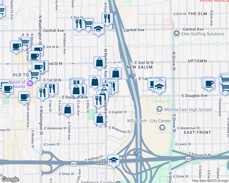 map of restaurants, bars, coffee shops, grocery stores, and more near 1730 East Douglas Avenue in Wichita