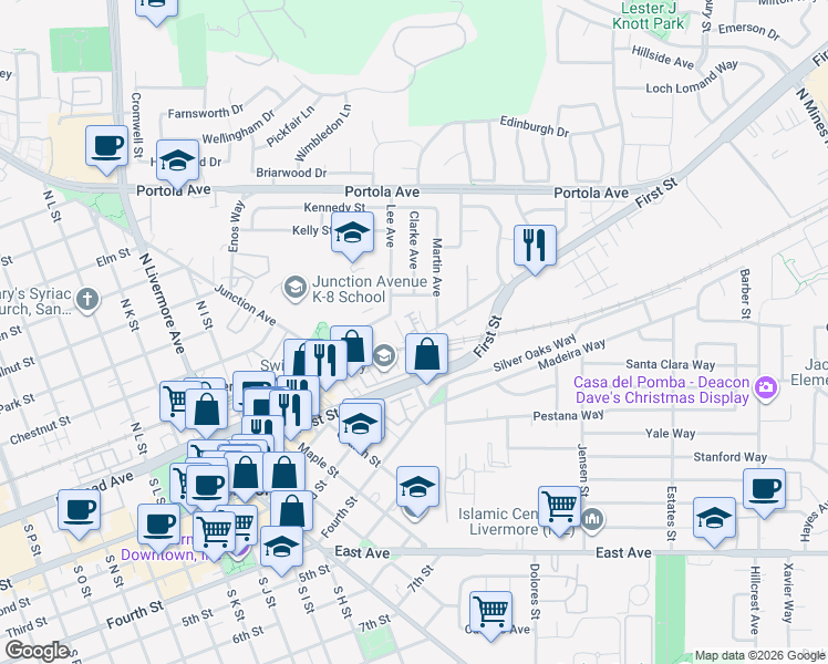 map of restaurants, bars, coffee shops, grocery stores, and more near 2977 Patcham Common in Livermore