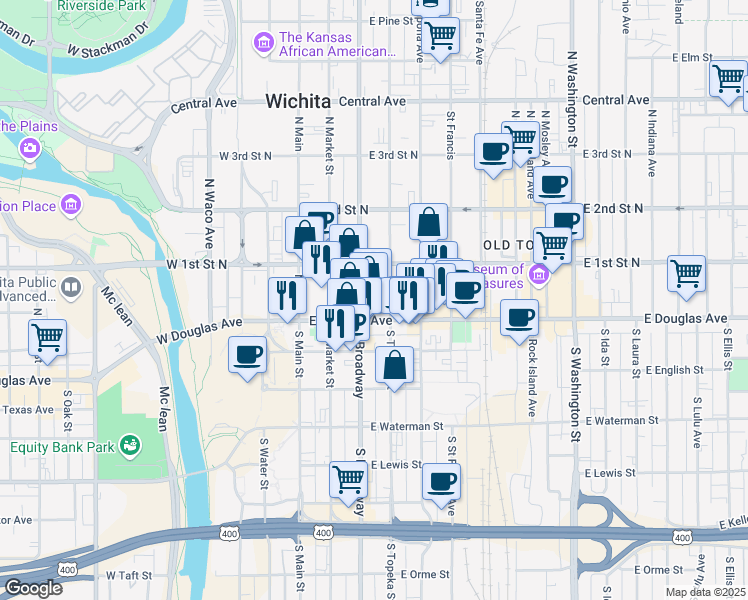 map of restaurants, bars, coffee shops, grocery stores, and more near 100 North Broadway in Wichita
