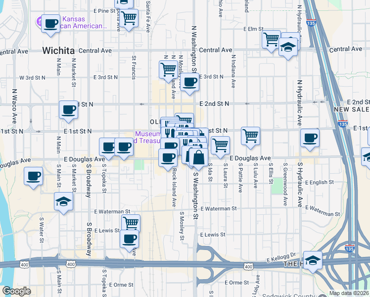 map of restaurants, bars, coffee shops, grocery stores, and more near 851 East Douglas Avenue in Wichita