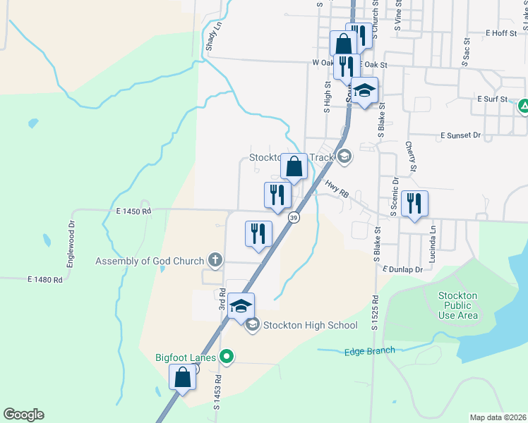 map of restaurants, bars, coffee shops, grocery stores, and more near Englewood Drive in Stockton