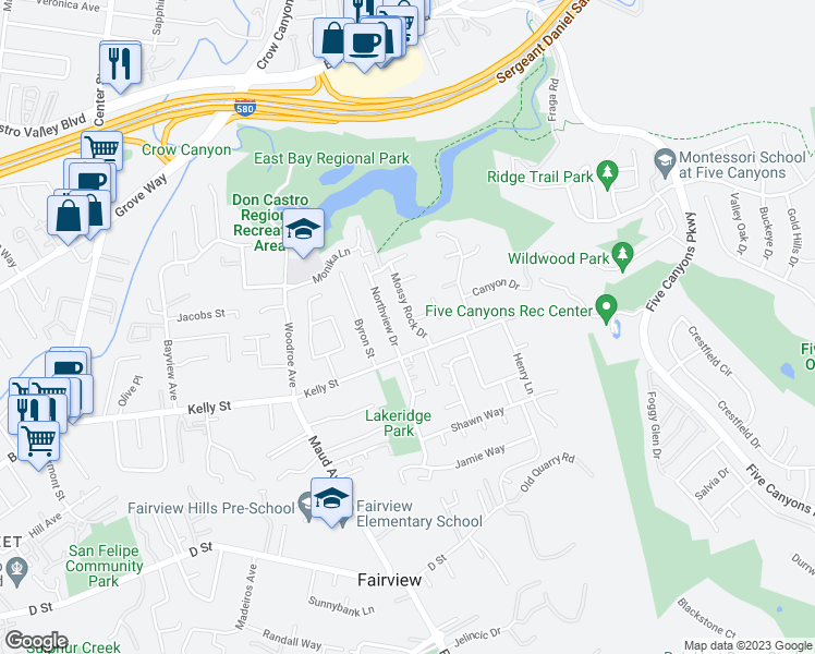 map of restaurants, bars, coffee shops, grocery stores, and more near 22633 Mossy Rock Drive in Hayward