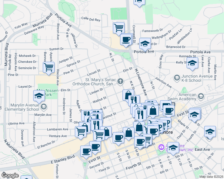 map of restaurants, bars, coffee shops, grocery stores, and more near 559 North M Street in Livermore