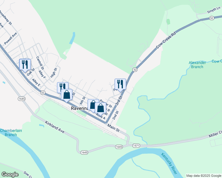 map of restaurants, bars, coffee shops, grocery stores, and more near 402 Daniels Addition Street in Ravenna