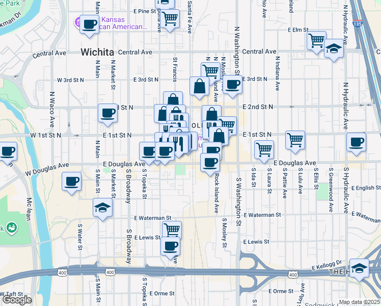 map of restaurants, bars, coffee shops, grocery stores, and more near 129 North Santa Fe Street in Wichita