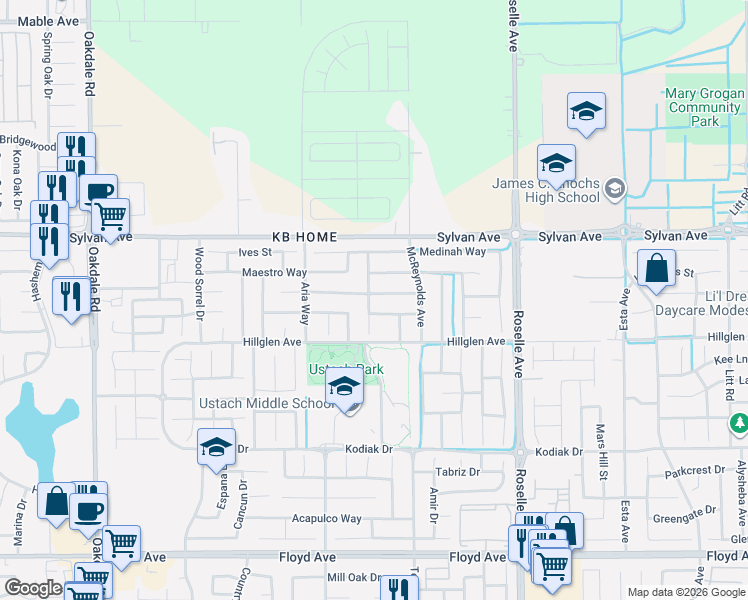 map of restaurants, bars, coffee shops, grocery stores, and more near 3413 Princeville Lane in Modesto