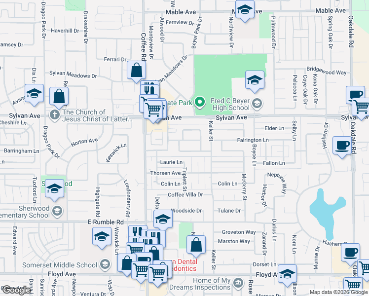 map of restaurants, bars, coffee shops, grocery stores, and more near 1413 Clovewood Avenue in Modesto