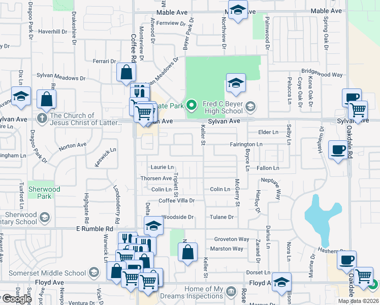 map of restaurants, bars, coffee shops, grocery stores, and more near 3329 Breckinridge Way in Modesto