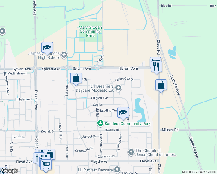map of restaurants, bars, coffee shops, grocery stores, and more near 3701 Fallen Oak Drive in Modesto