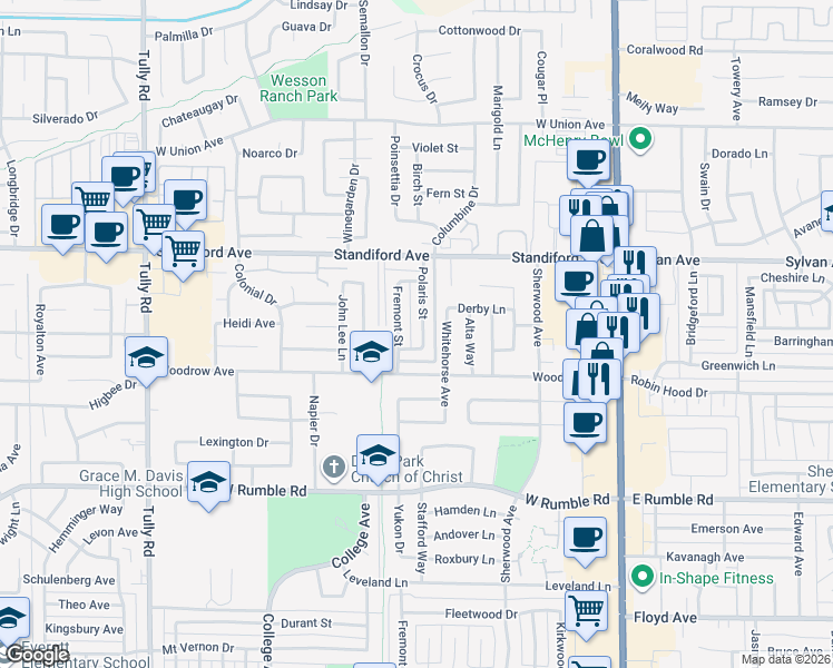 map of restaurants, bars, coffee shops, grocery stores, and more near 3405 Polaris Street in Modesto