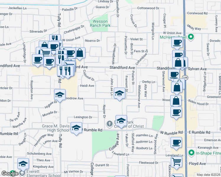 map of restaurants, bars, coffee shops, grocery stores, and more near 3405 John Lee Lane in Modesto