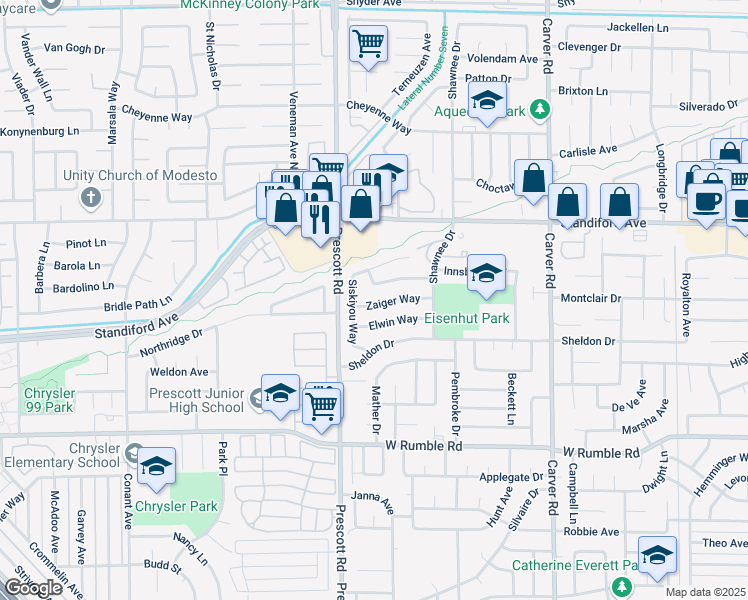 map of restaurants, bars, coffee shops, grocery stores, and more near 2052 Mendocino Way in Modesto