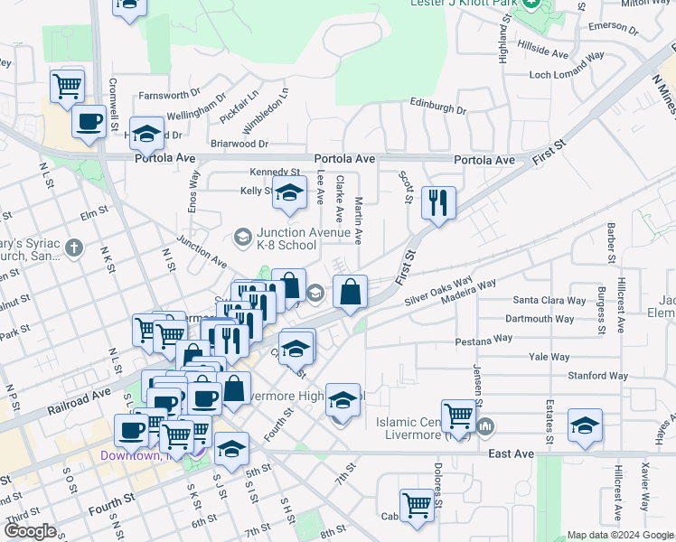 map of restaurants, bars, coffee shops, grocery stores, and more near 140 Lee Avenue in Livermore
