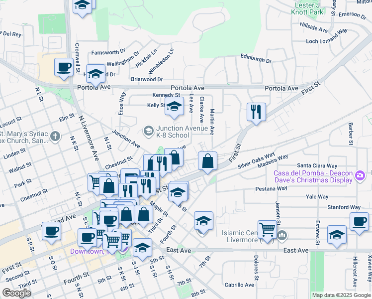 map of restaurants, bars, coffee shops, grocery stores, and more near 140 Lee Avenue in Livermore