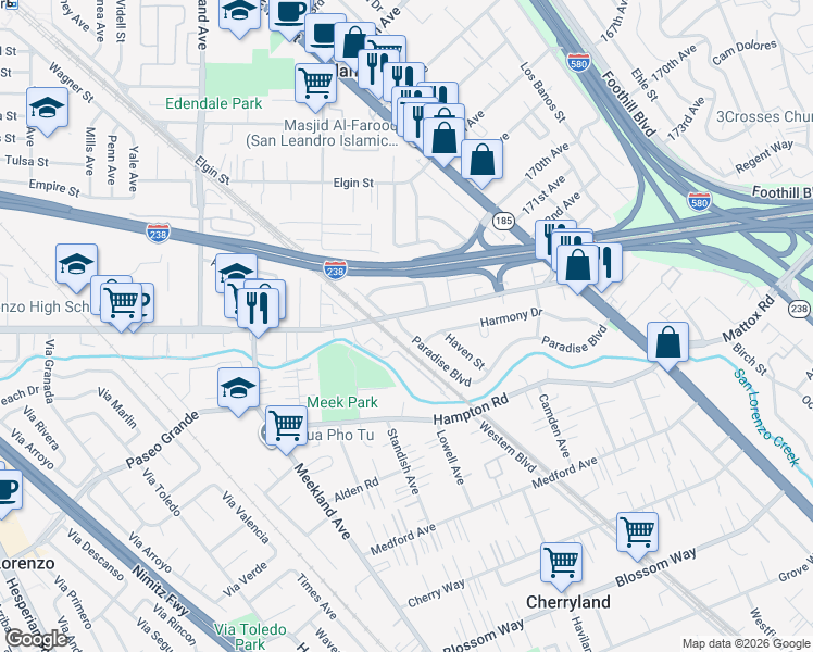 map of restaurants, bars, coffee shops, grocery stores, and more near 684 East Lewelling Boulevard in Hayward
