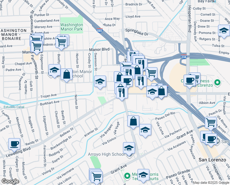 map of restaurants, bars, coffee shops, grocery stores, and more near 660 Fargo Avenue in San Leandro