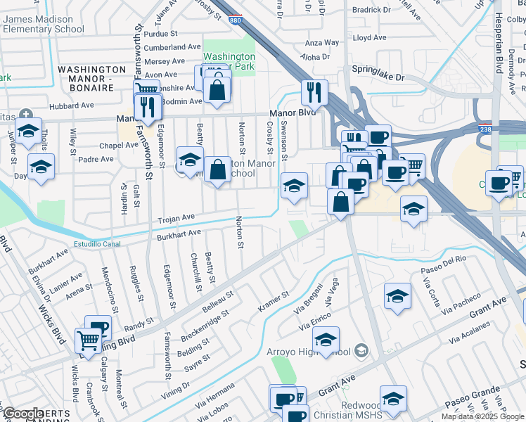 map of restaurants, bars, coffee shops, grocery stores, and more near 936 Fargo Avenue in San Leandro