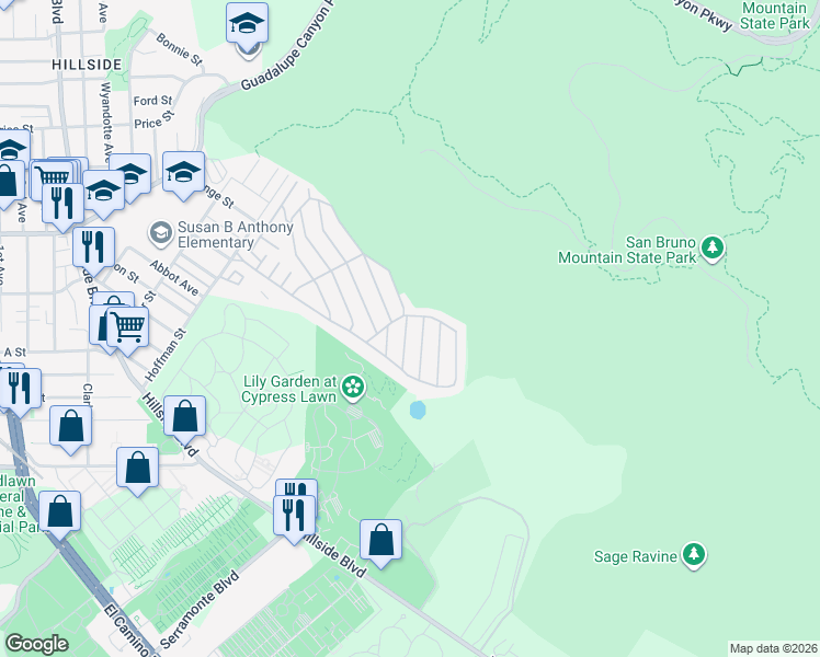 map of restaurants, bars, coffee shops, grocery stores, and more near 23 Shoal Drive in Daly City