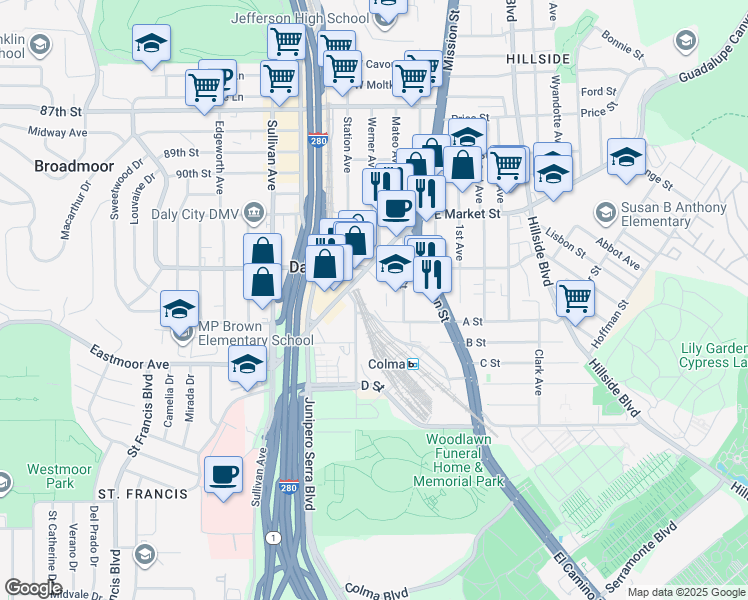 map of restaurants, bars, coffee shops, grocery stores, and more near 20 Reiner Street in Colma