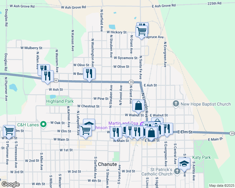 map of restaurants, bars, coffee shops, grocery stores, and more near 601-699 N Forest Ave in Chanute