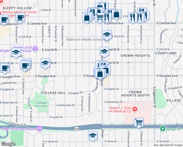map of restaurants, bars, coffee shops, grocery stores, and more near 140 North Pershing Street in Wichita
