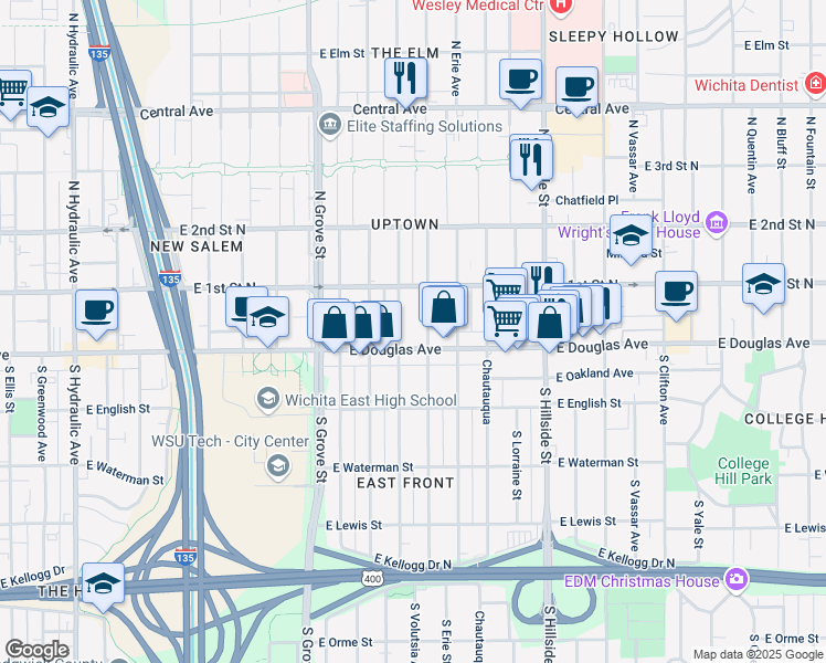 map of restaurants, bars, coffee shops, grocery stores, and more near 136 Volutsia in Wichita