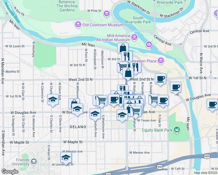map of restaurants, bars, coffee shops, grocery stores, and more near 258 Martinson Street in Wichita