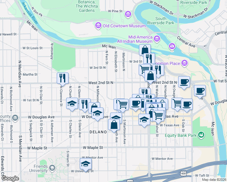 map of restaurants, bars, coffee shops, grocery stores, and more near 252 North Elizabeth Street in Wichita