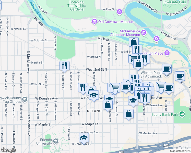 map of restaurants, bars, coffee shops, grocery stores, and more near 255 Millwood North in Wichita