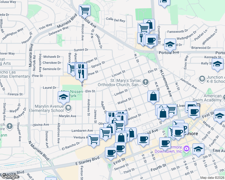 map of restaurants, bars, coffee shops, grocery stores, and more near 32-2 North Livermore Avenue in Livermore