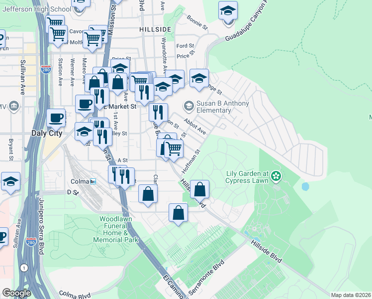 map of restaurants, bars, coffee shops, grocery stores, and more near in San Mateo County