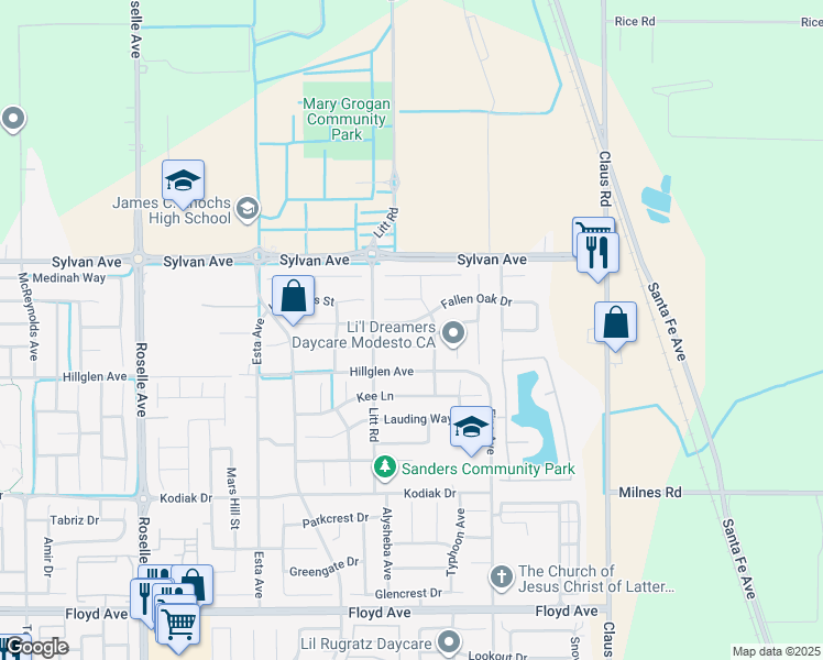 map of restaurants, bars, coffee shops, grocery stores, and more near 3701 Fallen Oak Drive in Modesto