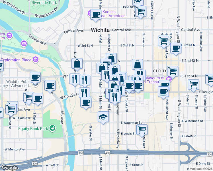 map of restaurants, bars, coffee shops, grocery stores, and more near 125 North Market Street in Wichita
