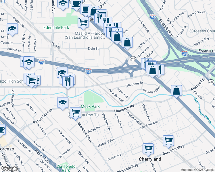 map of restaurants, bars, coffee shops, grocery stores, and more near 684 East Lewelling Boulevard in Hayward