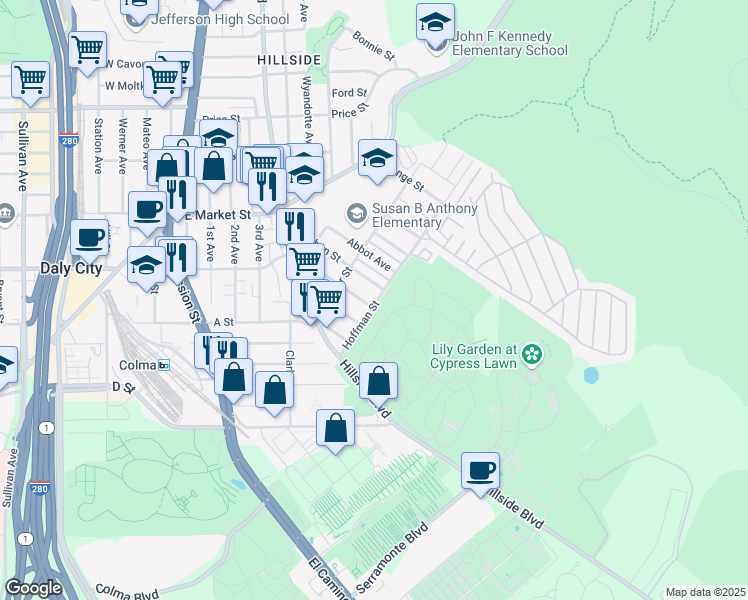 map of restaurants, bars, coffee shops, grocery stores, and more near 699 Sylvan Street in Daly City