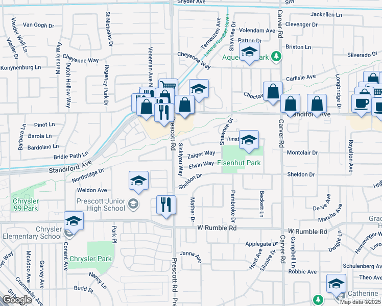 map of restaurants, bars, coffee shops, grocery stores, and more near 2052 Mendocino Way in Modesto