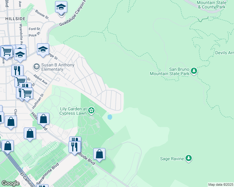 map of restaurants, bars, coffee shops, grocery stores, and more near 94 Shelter Lane in Daly City