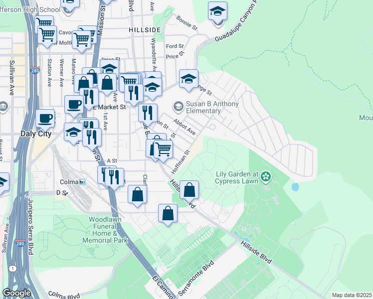 map of restaurants, bars, coffee shops, grocery stores, and more near 699 Sylvan Street in Daly City