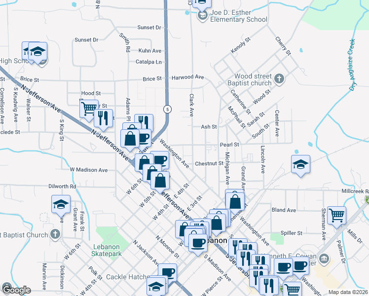 map of restaurants, bars, coffee shops, grocery stores, and more near 444 Clark Avenue in Lebanon