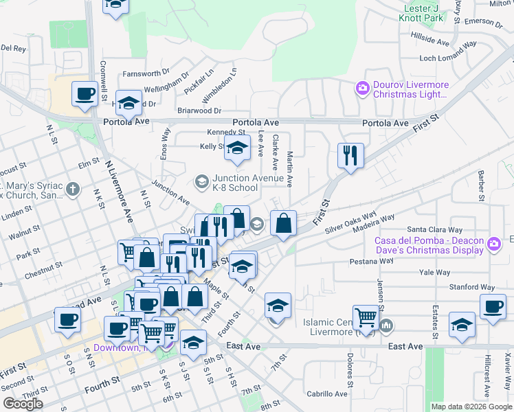 map of restaurants, bars, coffee shops, grocery stores, and more near 2955 Ladd Avenue in Livermore