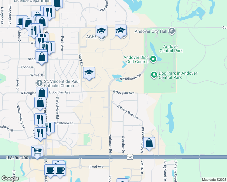 map of restaurants, bars, coffee shops, grocery stores, and more near 101 South Yorktown Road in Andover