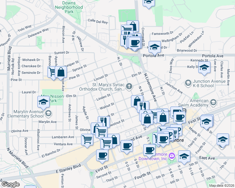 map of restaurants, bars, coffee shops, grocery stores, and more near 1861 Linden Street in Livermore