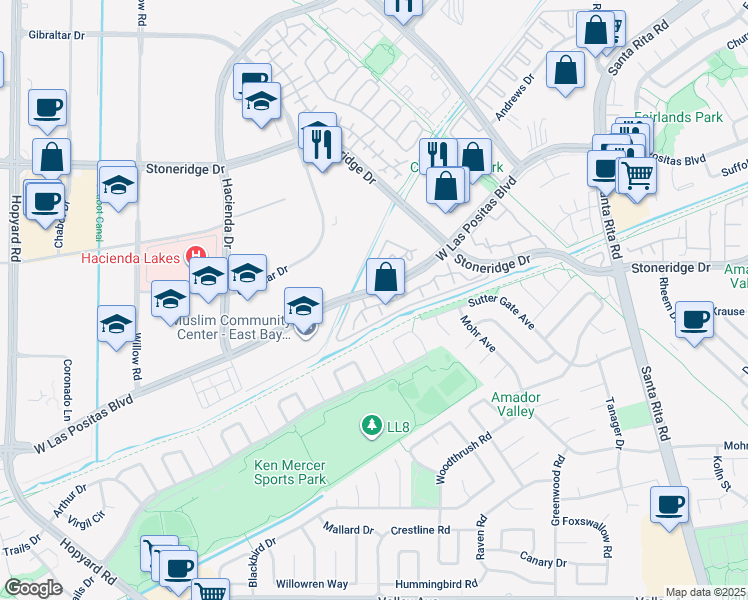 map of restaurants, bars, coffee shops, grocery stores, and more near 5740 Belleza Drive in Pleasanton