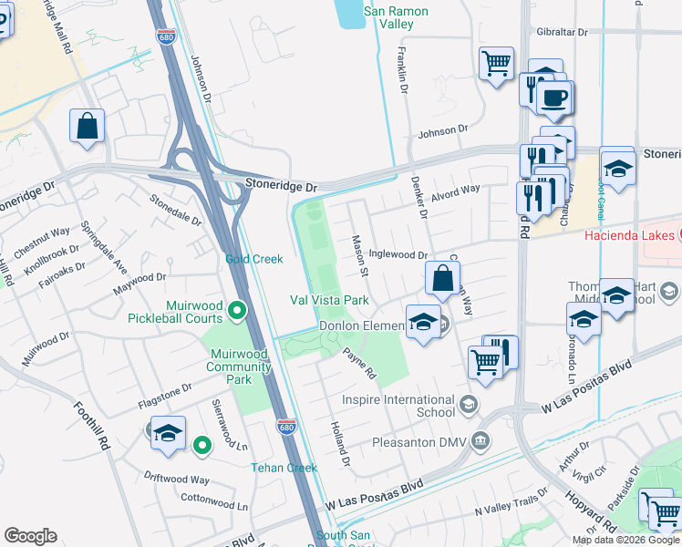 map of restaurants, bars, coffee shops, grocery stores, and more near 6869 Massey Court in Pleasanton