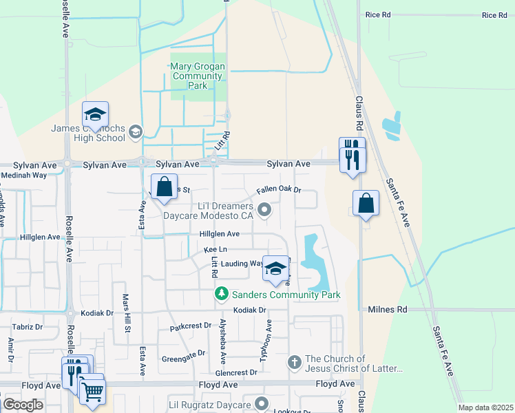 map of restaurants, bars, coffee shops, grocery stores, and more near 3701 Fallen Oak Drive in Modesto