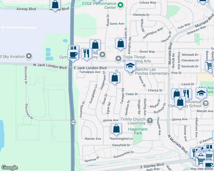 map of restaurants, bars, coffee shops, grocery stores, and more near 224 Garden Common in Livermore