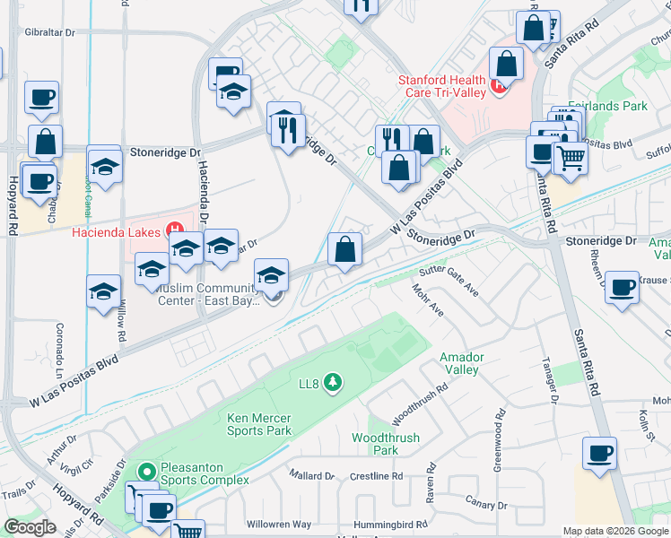 map of restaurants, bars, coffee shops, grocery stores, and more near 5729 West Las Positas Boulevard in Pleasanton