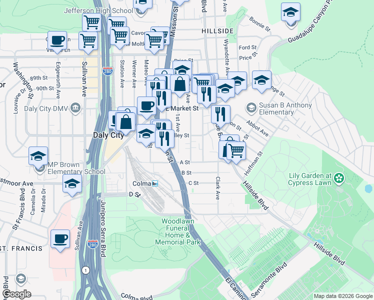 map of restaurants, bars, coffee shops, grocery stores, and more near 317 2nd Avenue in Daly City