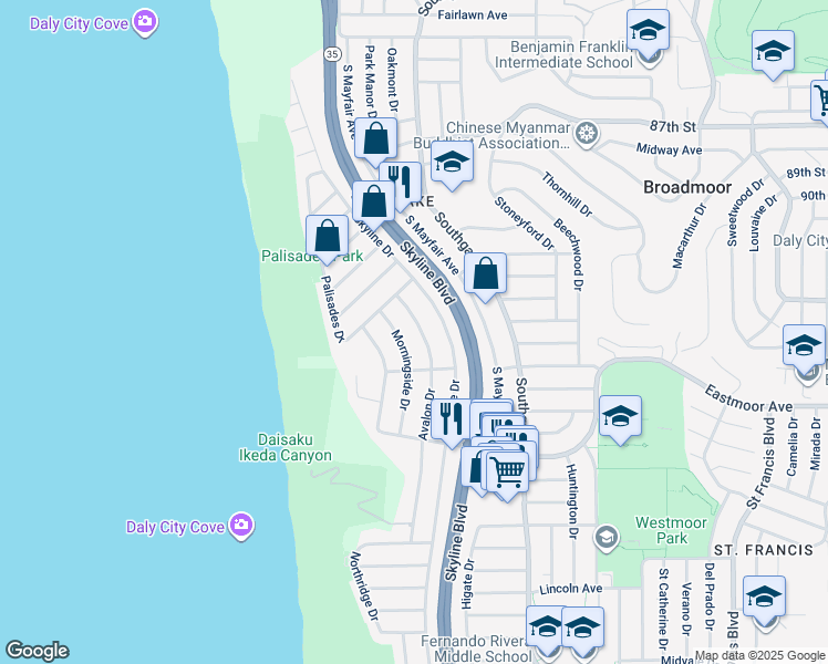 map of restaurants, bars, coffee shops, grocery stores, and more near 18 Avalon Drive in Daly City